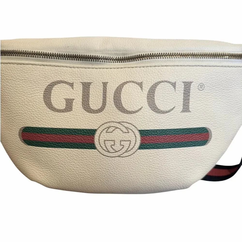 Authentic Gucci Print Leather Belt Bag White Logo Web Stripe Crossbody